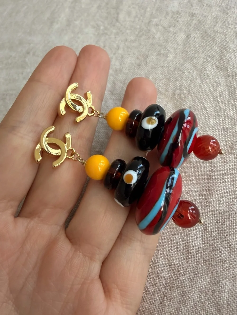 ❤️CHANEL Gold-Logo Drop Earrings with Red, Black, Yellow & Blue Beads✨